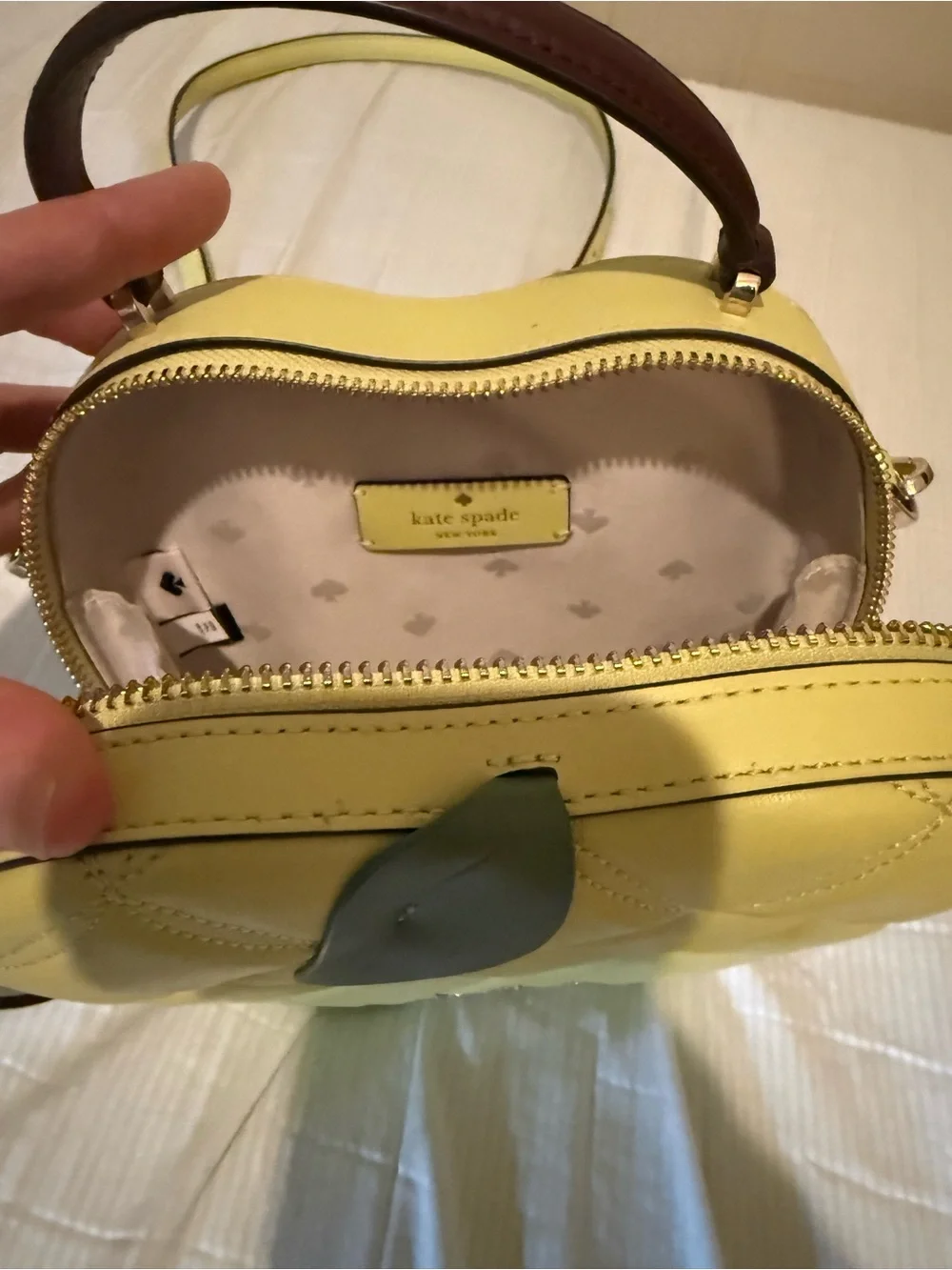 kate spade Yellow Quilted Apple Mini Crossbody with Green Leaf